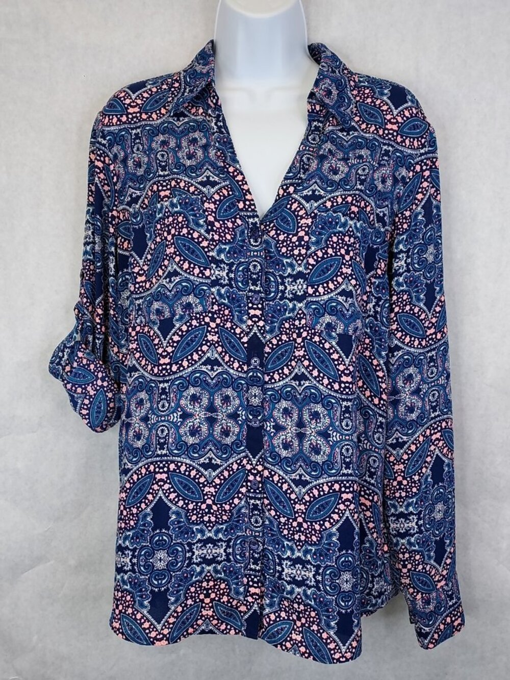 Express Portofino Button Up Camp Shirt Women L Paisley Blue Pocket Career Preppy